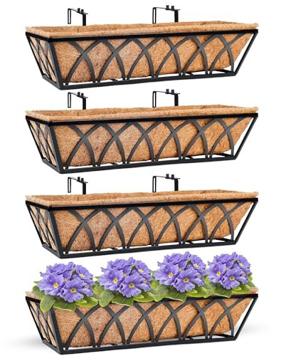 HFHOME 4Pcs 24/60.9cm Hanging Flower Baskets, Wall Mounted Trough Basket with Coco Liner, Metal Railing Planter Box for Window Box Porch Balcony Fences