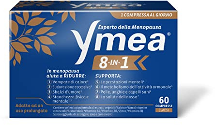 Ymea 8 in 1, Integratore Menopausa, 60 Cpr (2 mesi trattamento) | Contro gli 8 Disturbi più Comuni della Menopausa. Formulazione vegetale, vitamine e minerali