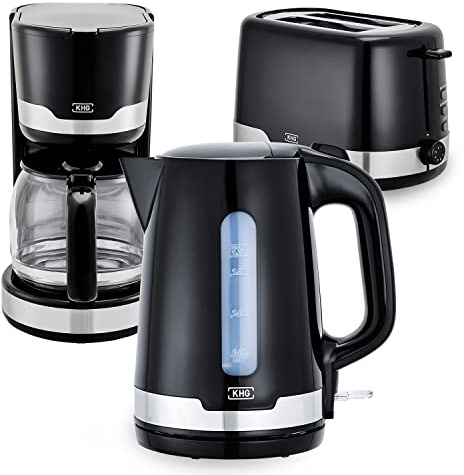 KHG Frühstücksset Wasserkocher Toaster Kaffeemaschine 3-teilig, Volumen | 2.200-850, & 1.000 W, Küchenset mit Kapazität 1,7 L Kochwasser, 2 Scheiben Toast & für 12 Tassen Kaffee, schwarz