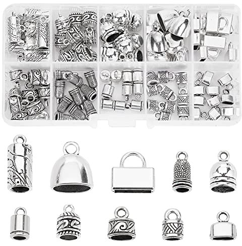 PandaHall 100 Stück Kabelendkappen 10 Styles Tibetische Legierung Lederkappe Kleber In Barrel Endkappen Antik Silber Tube Quetschperlen Endkappen Gewindeenden Für Kumihimo Schmuckherstellung