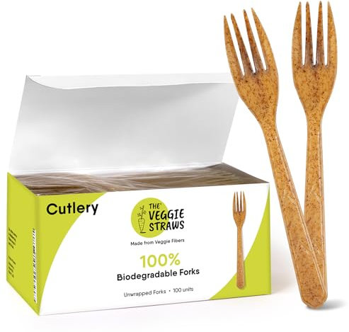 Premium Quality100% Biodegradable Forks Made of Vegetable Fibers, 100 PCS of 6.7” Long Heavy-Duty and Splinter Free Eco-Friendly Forks, Perfect Sustainable Cutlery for All Types of Occasions
