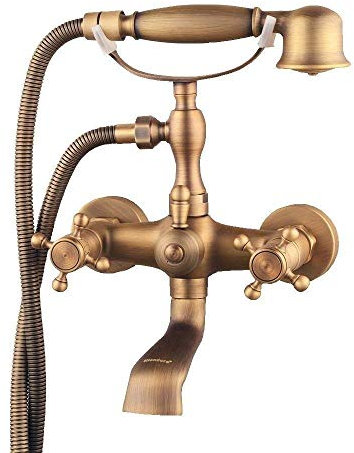 CAZARU Haushalt Hotel Antik Messing Wandmontage Badewanne Wasserhahn Kreuz Doppelgriff Duschsäule Badewannenarmatur mit Handbrause Duschsystem mit Handbrausehalter Brausegarnitur
