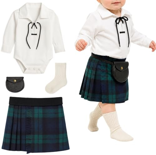 Ensemble traditionnel de kilt pour bébé (0-24 mois) comprenant un kilt, une chemise ghillie, un sporran, des brogues et des chaussettes de kilt - Coffret cadeau kilt bébé en tartan écossais