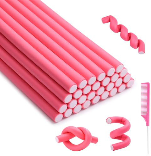 Selizo 30Pcs 9.45x0.55 Flexible Hair Rollers, Foam Curlers for Short, Medium and Long Hair, No Heat Curlers, Hair Rods - Pink(Diameter 0.55')