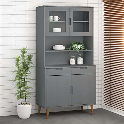 MOONAIRY Highboard-Aufsatz, Mehrzweckschrank, Vorratsschrank, Vitrinenschrank Aufsatz, Wohnzimmerschrank Aufsatz, Sideboard Aufsatz, Grau 90x35x100 cm Massivholz Kiefer