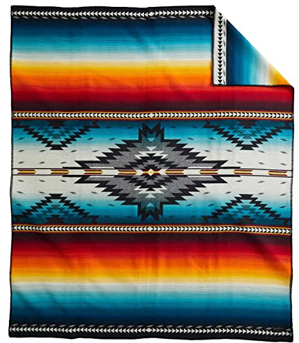 Pendleton Jacquard Unnapped Twin Blanket 64 x 80 - Heirloom Quality Virgin Wool, Reversible, Reinforced Ultrasuede Binding, Made in USA - Saltillo Sunset