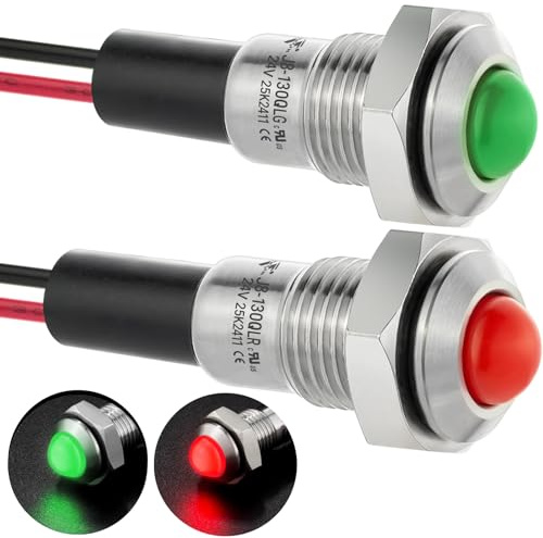 ZGSZJHF UL Listed Mini Indicator Light 8mm 0.31 Waterproof Domed Metal Stainless Steel Signal Lamp 12V-24V DC/AC Red and Green LED Light with 140mm Wire