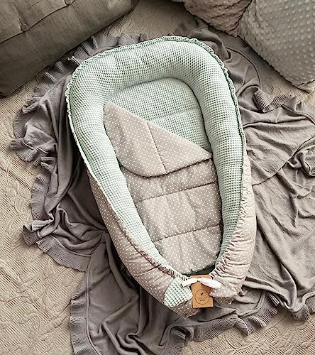 Waffelpique MINZE Grün/Mini PUNKTE Grau Baumwolle Babynest Neugeborene Baby Unterlage Reisebett Nestchen SOLO/o. PREMIUM Ausstattung SETS (Nestchen + MATRATZE (Ersatzboden))