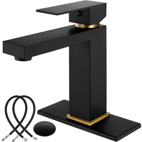 Midanya Bathroom Faucets 1 Hole, Single Handle Stainless Steel Bathroom Sink Faucet, Modern Vanity Faucets with Deck Plate,Water Supply Hoses and Pop Up Drain,Matte Black Handle and Brushed Gold