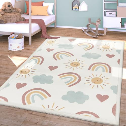 TT Home Waschbarer Teppich Krabbelmatte Babyzimmer Kinder rutschfest Flauschig Punkte, Farbe:Rosa Blau Gelb, Größe:160x220 cm