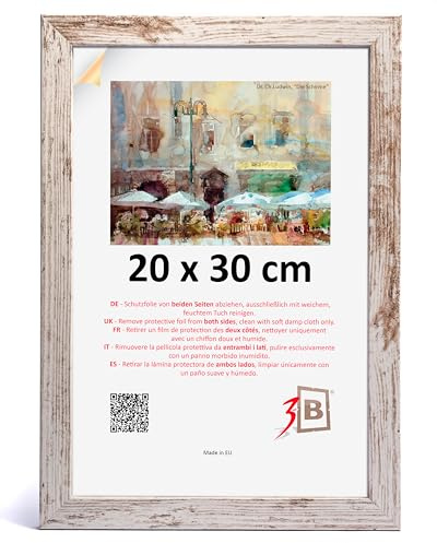 3-B Bilderrahmen HIT - Weiß Rustikal (optisch gealtertes Weiß mit sichtbarer Holzmaserung) - 20x30 cm - Holzrahmen, Fotorahmen, Portraitrahmen mit Acrylglas
