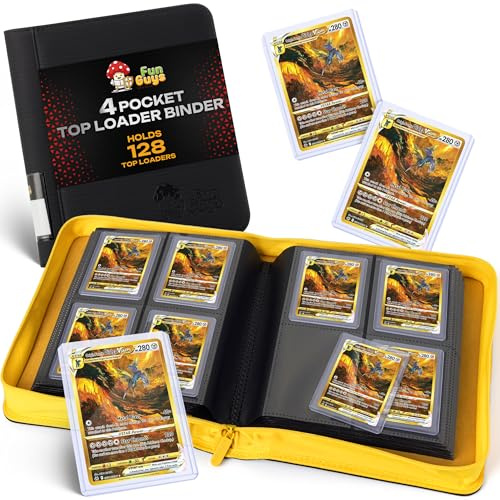 FunGuys Toploader Binder – 4 Pocket Trading Card Binder for 128 Top Loaders, Pokemon Card Binder, MTG, Yugioh, Sports Cards, TCG Storage Album, Zipper Card Collector Folder