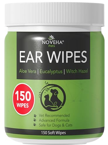 NOVEHA Pet Ear Wipes - Dog Ear Cleaner Wipes with Aloe Vera, Eucalyptus and Witch Hazel, Unscented (150 Counts)