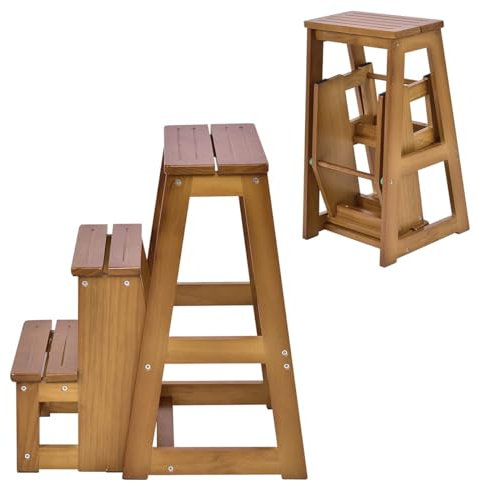 RELAX4LIFE 2 in 1 Sgabello Scaletta in Legno a 3 Gradini, Richiudibile per Cucina, Camera da letto, Ufficio, Negozio (Marrone Chiaro)