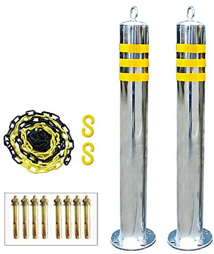 2 Poller und 5 m Absperrkette, Edelstahl-Sicherheitspfosten und Kunststoffkettensatz, reflektierende Bandabsperrungen mit Aufhängering, einfache Installation (750 mm × 76 mm) (750 mm × 76 mm)