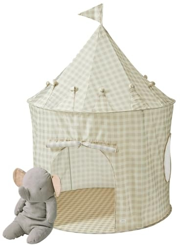 3 Sprouts Kids Play Tent - Sustainable Recycled Fabric – Fun Spacious Childs Playhouse for Indoor Games for Boys & Girls - Durable Fort Pop Up House for Toddlers & Children Age 3-10 - Gingham Beige | indoor playhouse; playroom bedroom use; pretend play space; reading nook; cozy hideaway; room decor; imaginative play.