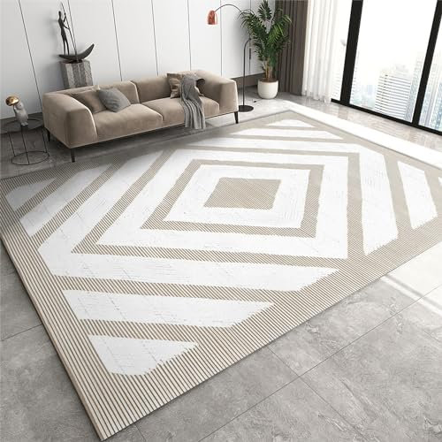 Moderner Weißer Strukturteppich, Eleganter Teppich Geometrischer Bordüre, Bequemer Kurzflor-Teppich, geeignet für Wohnzimmer, Besprechungszimmer, Balkon, Nachttisch-150x240cm