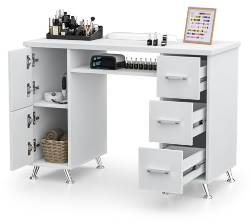 White Nail Desk for Nail Tech, Professional Manicure Table with Wrist Pad