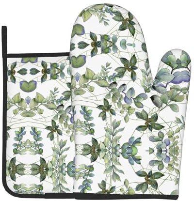 Set di due pezzi da cucina con foglie di eucalipto verde, guanti da forno multiuso, utilizzati per barbecue cucina cottura