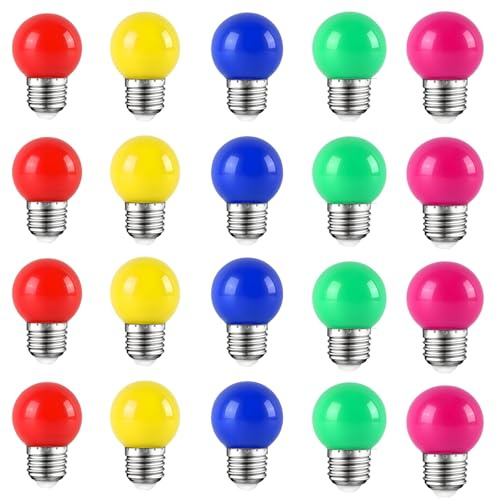 HUAMu 20 x LED Leuchtmittel Tropfen Kugel 2W E27 360° Bunt Gemischt (Rot Gelb Blau Grün Violett)