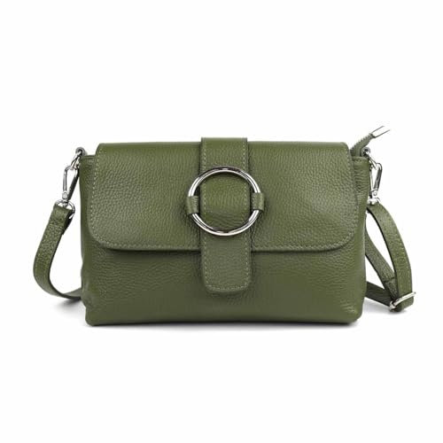 Made in Italy Damen Leder Tasche Umhängetasche Cross Over Body Messenger Bag Echtleder Ledertasche Schultertasche Brusttasche Hüfttasche Gürteltasche Clutch Abendtasche Olivgrün