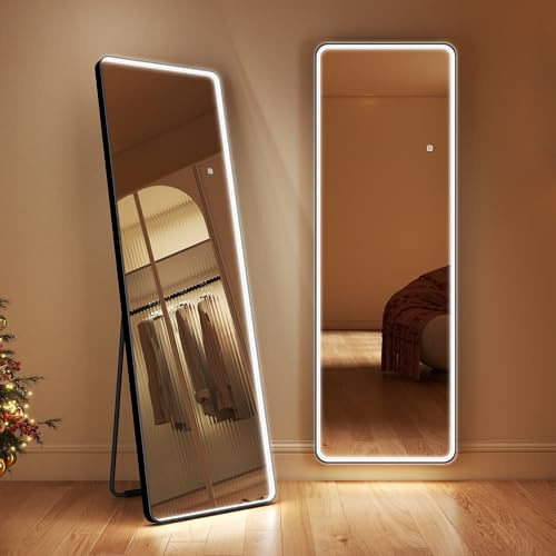 S'bagno LED Full Length Mirrors 160x50 cm, Iron Frame, Free Standing Mirror Full Length Dimming & 3000-6500K & Memory Function, Reinforced Glass, Large Leaning Long Mirror for Cloakroom, Black