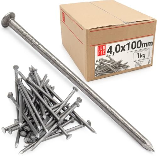 Lun Fix Perni metallici 4,0 x 100 mm – 1 kg (circa 95 pezzi) chiodi in legno per lavori di costruzione, chiodi in acciaio non zincati, lunghezza 100 mm, testa svasata