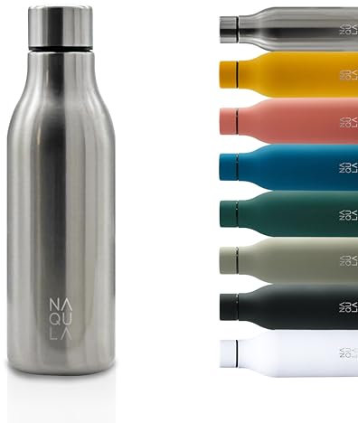 NAQULA® Thermosflasche Edelstahl 500ml. BPA Frei. Auslaufsicher. Modern. Stilvolle Trinkflasche. Minimalistische Wasserflasche. Geeignete Flasche für Büro, Sport, Schule. Silber (steel silver)
