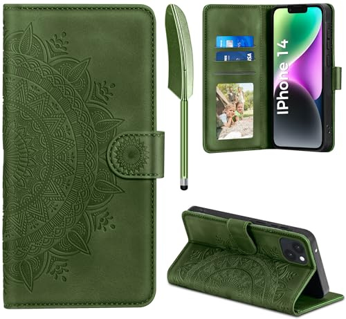 EASDNB Lederhülle für iPhone 14 Hülle, Handyhülle für iPhone 14 Flip Wallet PU Leder Case [Kartenfach] [Magnet] [Ständer] Prägung Klapphülle Schutzhülle für iPhone 14 6.1 Zoll, Grasgrün