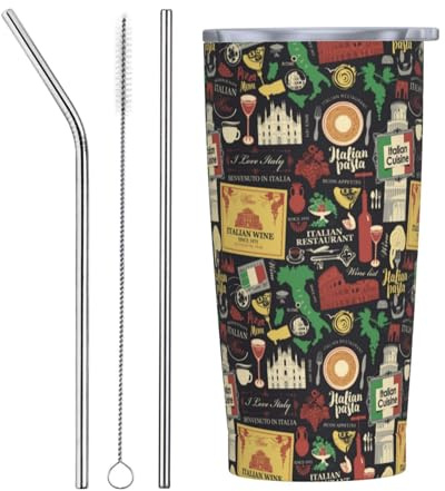 VOSERY Botella de agua de 20 onzas con tapa y popote, vaso aislado italiano con patrón de sello, vasos de acero inoxidable, taza de café de viaje, vaso personalizado