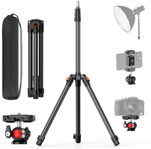 XXZU 83in/210cm Camera Tripod with Ball Head, Photography Light Stand, Reversible Portable Phone Tripod with Case, Studio Lighting Stand For Camera/Phone/Webcam/Strobe Light/Projector/Softbox