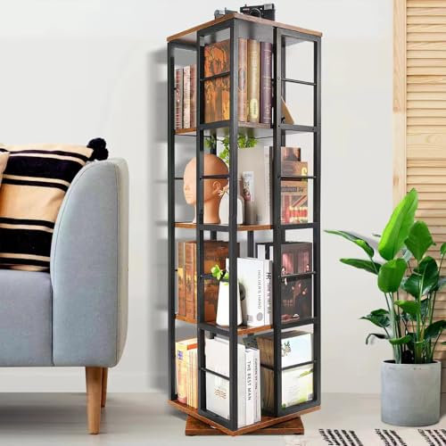 Bücherregal Drehbar 5 Etagen Schwarz, 360°Drehbares Bücherregal, Drehbares Bücher Holz, Drehregal Bücher Platzsparend, Swivel Bookcase Klein