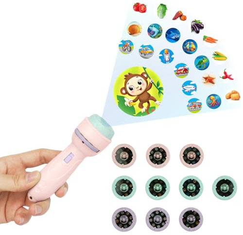 HOTUT Kinder Projektor Taschenlampe,Kinder Geschichte Taschenlampe,Diashow Beamer Spielzeuge mit 18 Scheiben,80 Bilder,Cartoon-Kinderprojektor-Taschenlampe für Jungs und Mädchen