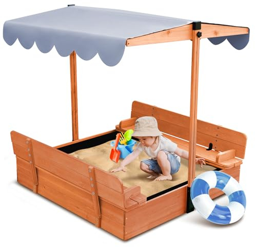 Nicedday Wooden Kids Sandbox with Lid Sand Box with Canopy Outdoor Sandpit with Cover Adjustable Roof Bottom Liner