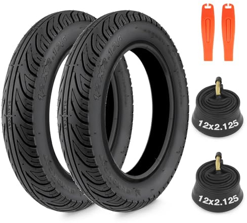 GRELiving 2-pack 12 tum elektriska cykeldäck 12,5 x 2,125 och 2-pack med 2 luftkammare 12 tum AV32 mm ventil för barncykel/BMX/elektrisk cykel
