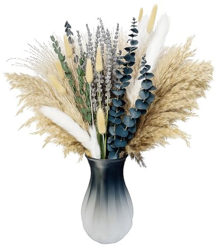 AMSGANK Dried Pampas Grass Bouquet, 107 PCS Dryflowers Boho Table Decor with Bunny Tails Dried Flowers Pompas Lavender Dried Preserved Eucalyptus etc for Wedding and Home Decorations