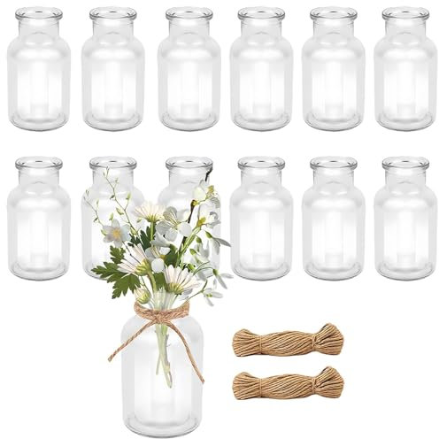 Small Glass Bud Vase 12PCS Set Flower Vase Plant Vases for Pampas Grass Dried Flowers 125ml Mini Vintage Vases with 10m Jute Twine, for Wedding Home Decor Table Centerpieces