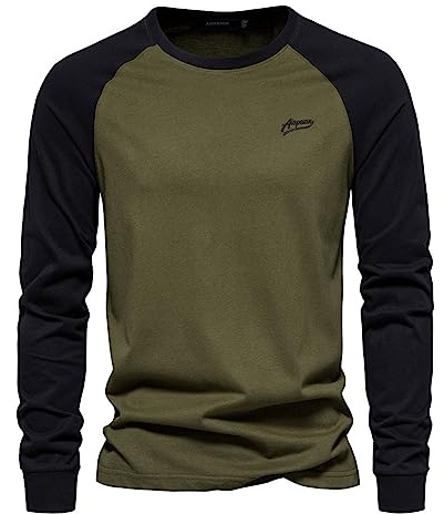 Fowjknww T-shirt à manches longues pour homme - Col rond - Blocage de couleur - T-shirt sportif - Confortable - Léger - Décontracté - Manches longues - Simplicité - T-shirt de baseball, Vert militaire