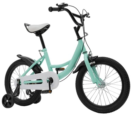 16 tums barncykel, barncykel för från 5–8 år, barncykel flickor pojkar, cykel barn höjd justerbar sparkcykel, med stödhjul, främre och bakre bromsar (grön)