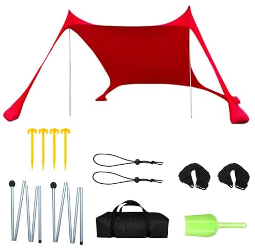 GDAONUDK Abri de Plage, Nouveauté 2025 Parasol Tente de Plage Portative UPF50+ Tarp de Plage avec 2 bâtons, Pelle, piquets et Sac de Transport pour Plage, Camping, pêche(B Red,200 * 160 * 150CM)