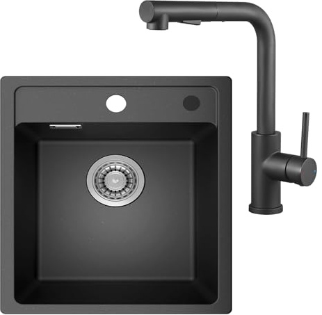 ANYCEE Fregadero Negro 50x46 cm, Fregadero empotrado 80% cuarzo con Grifo Cocina, 1 cubeta, incluye sifón y grifería, apto para muebles desde 50 cm