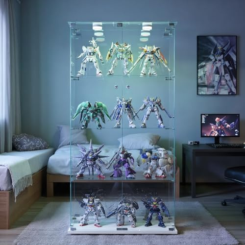 TIMORWTF Vetrina in vetro con luci a LED, armadio EE, 4 ripiani e 2 porte, per collezione, camera da letto, soggiorno e sala da pranzo, 163 x 78,5 x 35 cm