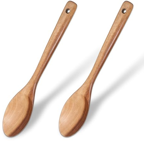 2 Pièces Cuillère de Cuisine en Bois, 30cm Spatule Bois Cuisine, Cuillère à Mélanger en Boiss à Long Manche, Antiadhésive Cuillère pour Cuisiner, pour les Woks et les Poêles
