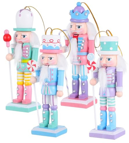 TOYANDONA Lot de 4 Décorations de Noël Casse-Noisette : Figurines à Suspendre en Bois Pastel, Figurine de Soldat de Noël pour Sapin de Noël, Bureau, Décoration de Table à Collectionner