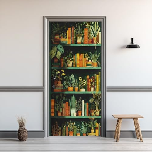 Türaufkleber Bücherregal, Türtapete Bibliothek Bücher Topfpflanze, PVC Türfolie Selbstklebend, 80 x 210cm Türposter Wasserdicht Abnehmbare Wandtattoo Deko Für Schlafzimmer Küc Innentür