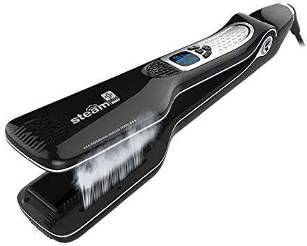 Salón profesional rectificador de pelo a vapor, plancha de vapor de cerámica de titanio nano con peine extraíble + LCD digital + 5 temperatura ajustable de nivel (Negro)