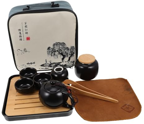 TOYANDONA Service à Thé de Voyage Céramique Portable Kung Fu Théière Artisanale Noire avec Pot et Tasses Kit Léger avec Housse de Transport Compact pour Extérieur et Déplacements