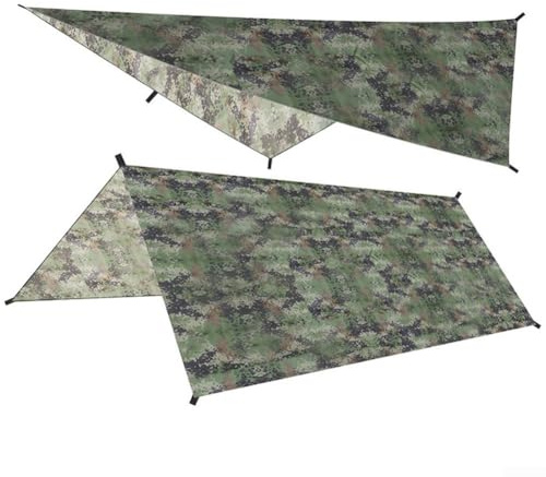 Yuanpgky Lona impermeable para tienda de campaña, poliéster 210T, con 6 puntos de amarre, 100 x 145 cm, incluye bolsa de almacenamiento (camuflaje)