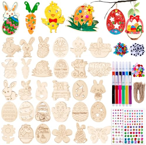 Putfoka Ostern Basteln Kinder, 264 Stück Holz Ostereier zum Bemalen, Holzanhänger Ostern zum Bemalen, Kinder Bastelset mit Pompons Aquarellstift Hanfseil Aufkleber Glöckchen, Osterbasteln mit Kindern