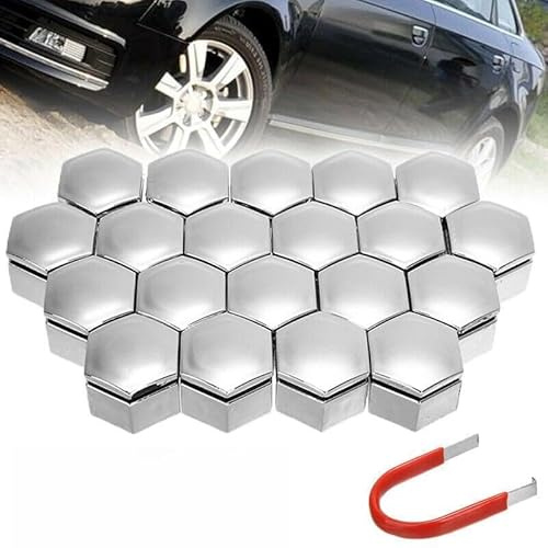 Wodsty Paquete de 20 cubiertas cromadas para tuercas de rueda de 22 mm con herramienta de extracción para pernos de rueda de coche, protectores de tapa hexagonales en plástico ABS, se adapta a la